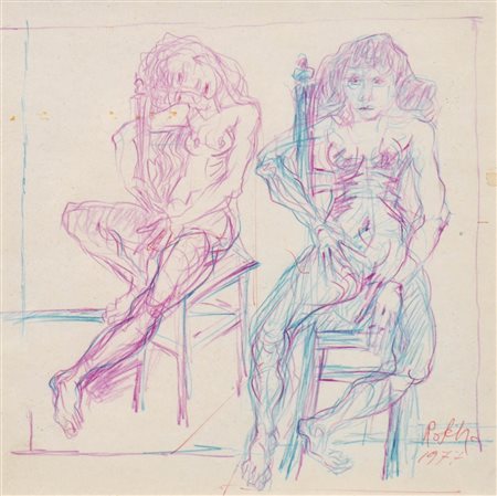 Robert Scherer (*Kortsch/Corces 1928) Due nudi seduti, 1977;Matite colorate,...