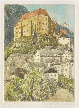 Elfi Widmoser (Meran/Merano 1930 - 2020) Scena / maso;2 acqueforti colorate,...