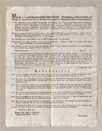 - Circolare “Versteigerung Realitäten..;Erben von Melchior Maria von Menz“,...