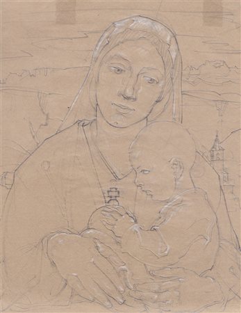 Anton Sebastian Fasal Madonna con bambino davanti a paesaggio dolomitico,...