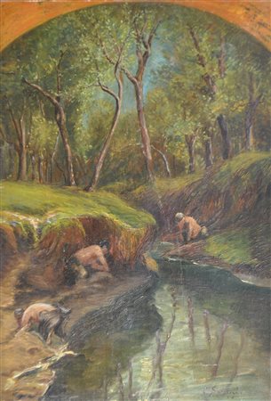 Cesare Saccaggi (Tortona 1868 – 1934) Al ruscello;Olio su tavola, 44,5 x 30,5...