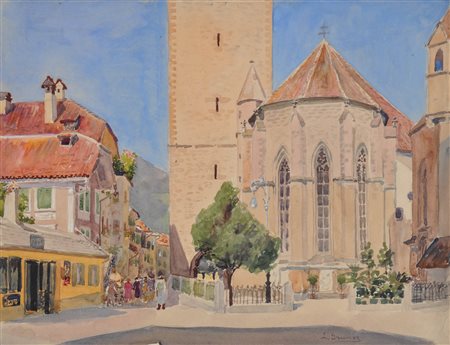 Lila Gruner Merano, Piazza Duomo;Acquerello, 22,5 x 29,5 cm Firma, sul retro...