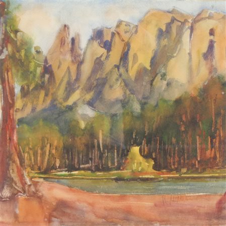 Hubert Mumelter Lago nelle Dolomiti;Acquerello,37,5 x 37 cm, in cornice Firma