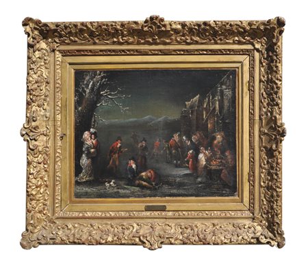 Niederländischer Maler/Pittore ollandese Scena invernale con pattinatori su...