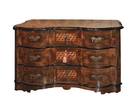 Comò barocco tre cassetti, seconda metà del XVIII sec.;Legno intarsiato, 80 x...
