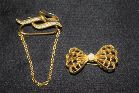 LOTTO UNICO 2 SPILLE spilla vintage color oro con piccoli brillanti e...