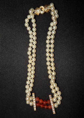 COLLANA DI PERLE collana vintage di perle bianche e rosse ramate con...