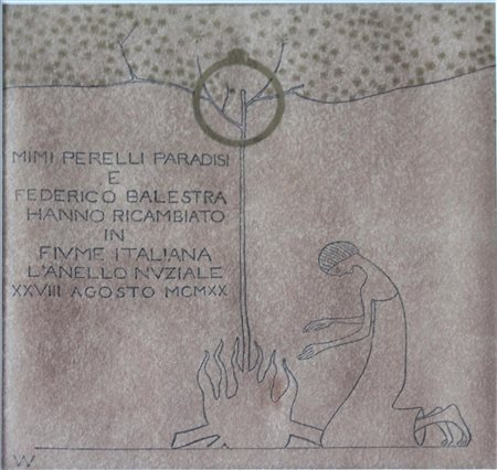 Adolfo Wild SENZA TITOLO disegno stampato su pergamena ripreso in oro del...
