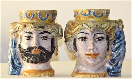 Ignoto COPPIA TESTE DI MORO DI CALTAGIRONE lotto di due ceramiche di...