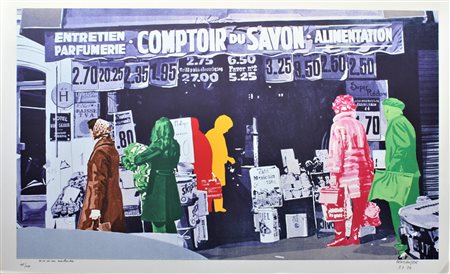 Gerard Fromanger LA VIE EST UN MERCHANDISE serigrafia su carta, cm 56x90...