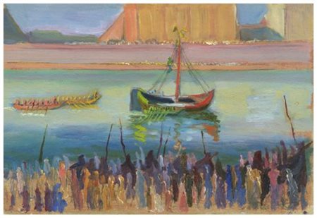 SANTI MACCHIA (Pisa 1884 – 1964) La regata di San Ranieri Olio su cartone...