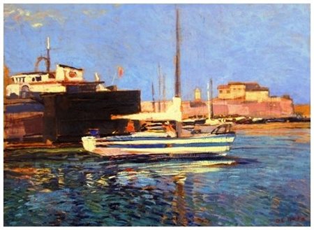 RAFFAELE DE ROSA (Podenzana 1940) Porto Olio su tavola 30 x 40. Firma in b. a...