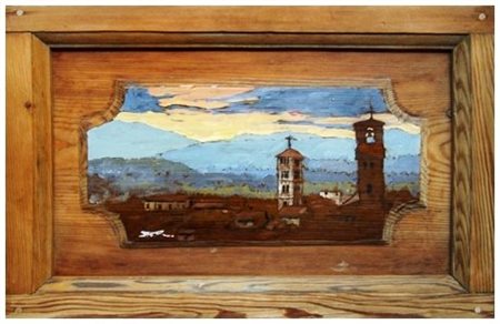 MASSIMO LOMI (Livorno 1953) Lucca al tramonto 2012 Olio su tavola 42 x 66 x...