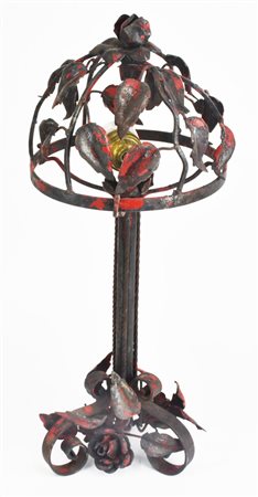 LAMPADA IN FERRO BATTUTO decorata con foglie e piccole rose epoca Liberty h...