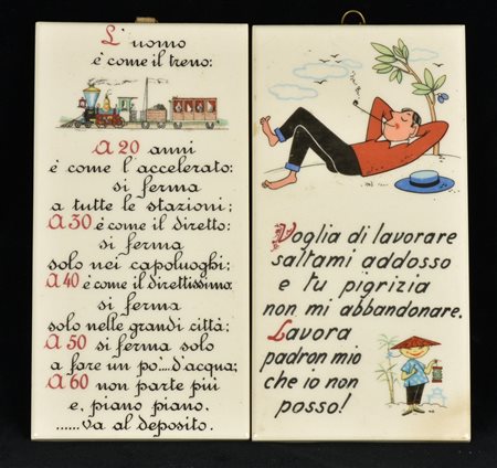 COPPIA DI CERAMICHE con motti e barzellette Italia, anni '50 16x8 ciascuna