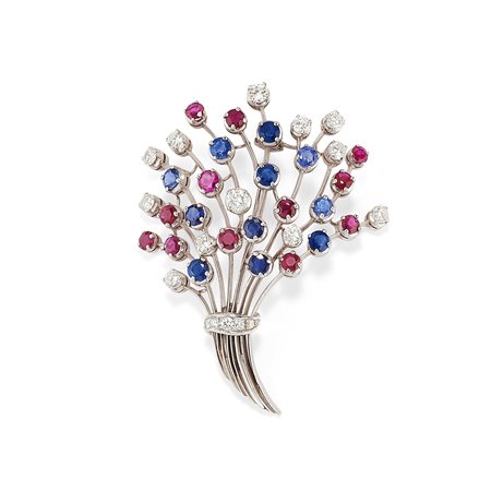 Spilla con diamanti, rubini, zaffiri
