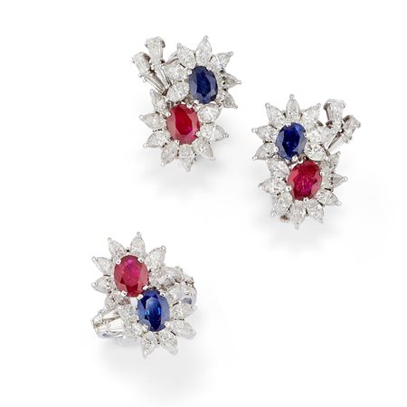 Demi-parure con rubini, zaffiri e diamanti