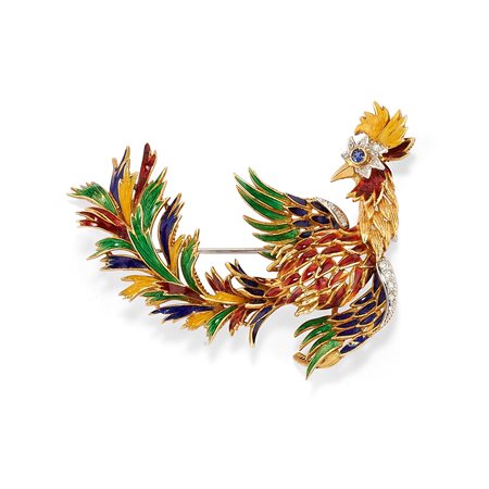 Spilla con smalti, diamanti e zaffiro, 1970 circa