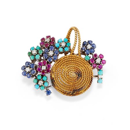 Spilla con pietre colorate e diamanti