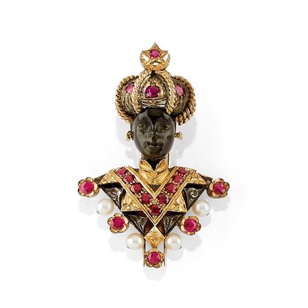 Spilla moretto con perle coltivate, granato e rubini