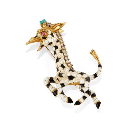 Spilla con rubino, turchesi, smalto e diamanti