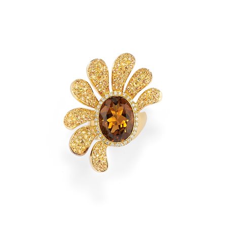 Anello con diamanti, zaffiri e quarzo