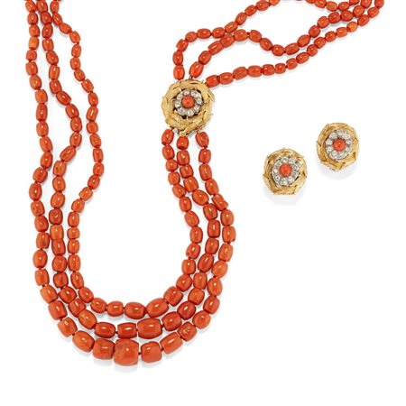 Demi-parure con corallo e diamanti