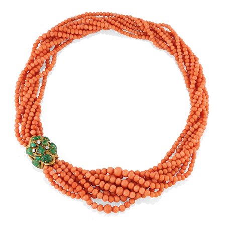 Collana con corallo, diamanti e smeraldi