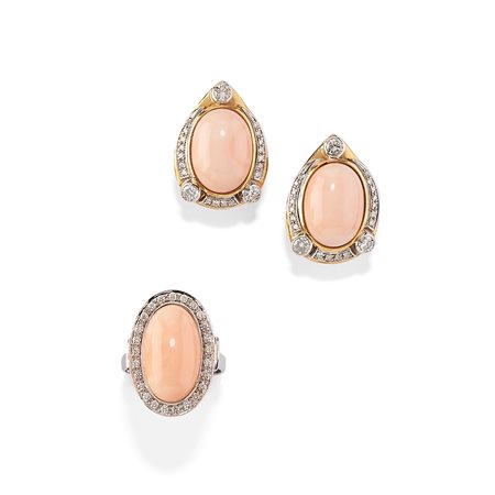 Demi-parure con corallo e diamanti