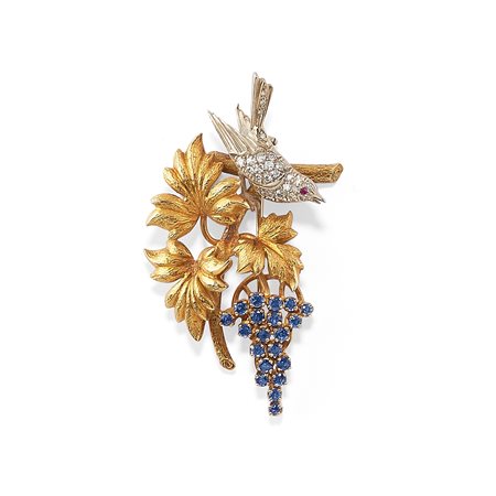 Spilla con zaffiri, rubino e diamanti
