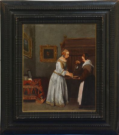 Ignoto "Scena d'interno" olio su tavola (cm 31.5x27) In cornice (difetti)