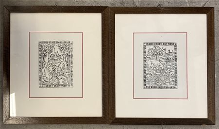 Cinque xilografie raffiguranti animali (cxm 16x20), in cornici (difetti)