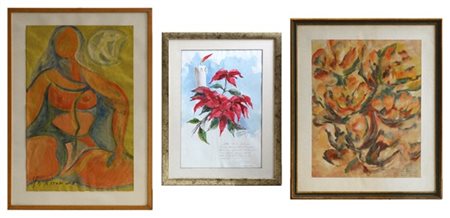 Lotto composto da tre tecniche miste su carta raffiguranti fiori e figure, di a