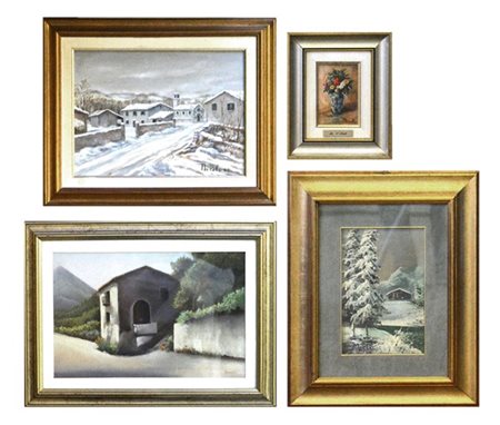 Autori vari. Lotto di quattro dipinti ad olio raffiguranti "Paesaggi" e "Fiori"