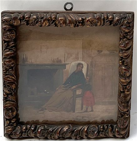 Ignoto "Scena d'interno" olio su tela (cm 20x20) Reca firma G. Induno in basso a destra. Al retro: iscrizioni. In cornice (difetti)