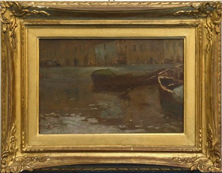 Rossano "Barche" olio su tavola (cm 22x33) Firmato in basso a sinistra. Al retr