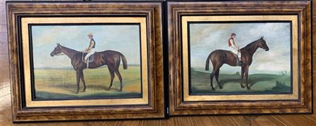 Coppia di dipinti ad olio su rame raffiguranti "Cavalli da corsa con fantini" (