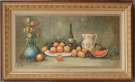 Antonio De Vity "Vaso con fiori, frutta e brocca" olio su tela (cm 60x120) firma