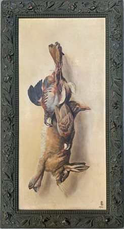 Firma indecifrata "Natura morta con cacciagione" olio su tela (cm 67x31) Siglat