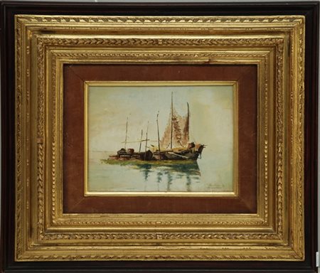 Pietro Fragiacomo "Barche" olio su cartone (cm 14.5x20) Firmato in basso a destr