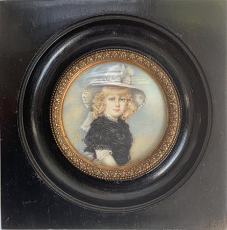 Firma indecifrata "Ritratto di fanciulla con cappello" miniatura tonda (d. cm 7