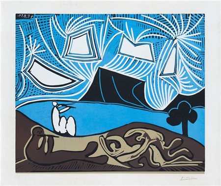 Pablo Picasso "Couple et flûtistes au bord d'un lac (Bacchanale)" 1959
linocut a