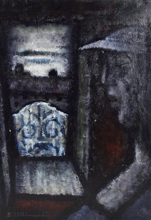 Enrico Allimandi ATTESA AL CAFFE' olio su cartone telato, cm 70x50 firma sul...