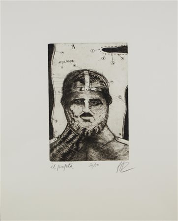 Julio Paz IL PROFETA acquaforte su carta, mm 302x155, su foglio mm 445x355;...