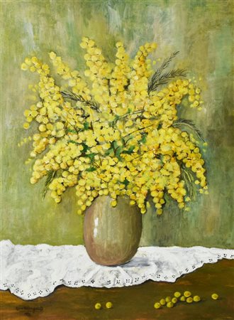Gina Ceccagnoli LE MIMOSE tempera acrilica su tela, cm 55x40 firma e data sul...
