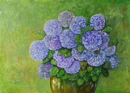Gina Ceccagnoli LE ORTENSIE olio su tela, cm 50x70 firma e data sul retro:...