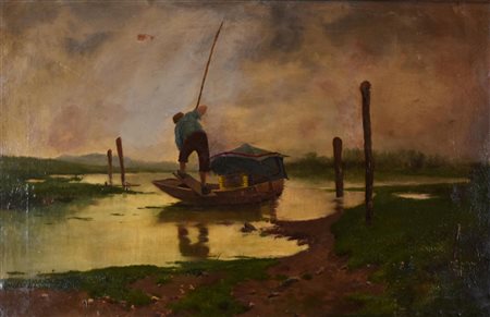 Anonimo LA PESCA SUL LAGO olio su tela, cm 50x77 L'opera presenta restauri,...