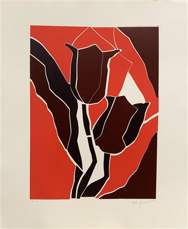 Ugo Nespolo TULIPANI incisione su carta, battuta cm 51x33, su foglio cm...