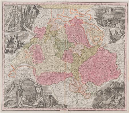 Mappa della Svizzera. Stampa calcografica con interventi ad acquerello...