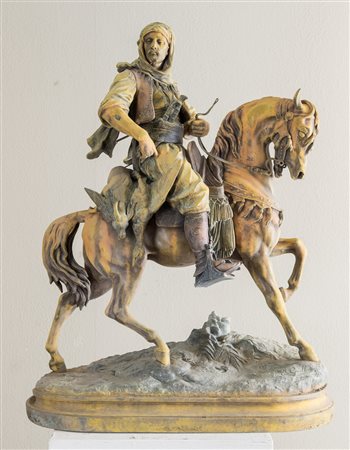 EMILE GUILLEMIN (1841 - 1907) "Cavaliere arabo". Scultura policroma in...